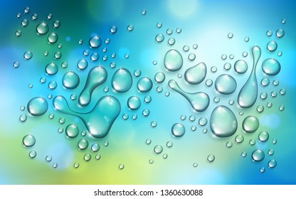 Water rain drops or condensation over blurred green nature background beyond the window, realistic transparent 3d vector illustration, easy to put over any background.