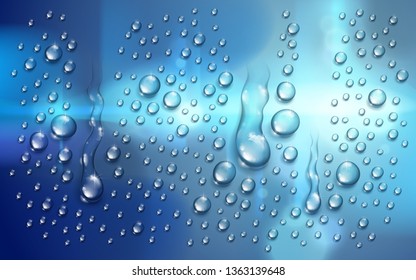 Water rain drops or condensation over blurred night city background beyond the window, realistic transparent 3d vector illustration, easy to put over any background.