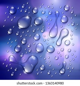 Water rain drops or condensation over blurred background beyond the window realistic transparent 3d vector illustration, easy to put over any background or use droplets separately.