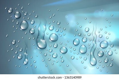 Water rain drops or condensation over blurred background beyond the window realistic transparent 3d vector illustration, easy to put over any background or use droplets separately.