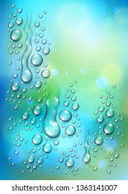 Water rain drops or condensation over blurred green nature background beyond the window, realistic transparent 3d vector illustration, easy to put over any background.