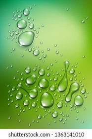 Water rain drops or condensation over blurred green nature background beyond the window, realistic transparent 3d vector illustration, easy to put over any background.
