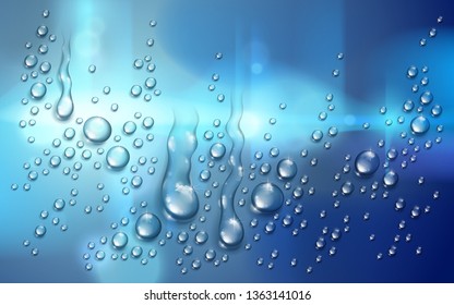Water rain drops or condensation over blurred night city background beyond the window, realistic transparent 3d vector illustration, easy to put over any background.