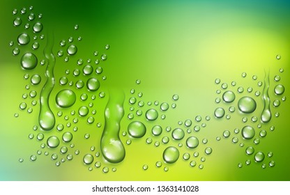 Water rain drops or condensation over blurred green nature background beyond the window, realistic transparent 3d vector illustration, easy to put over any background.