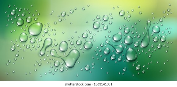 Water rain drops or condensation over blurred green nature background beyond the window, realistic transparent 3d vector illustration, easy to put over any background.