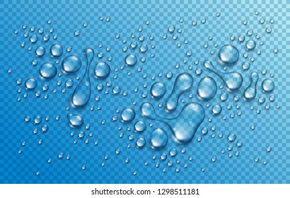 Water rain drops or condensation in shower realistic transparent 3d vector composition over transparency checker grid, easy to put over any background or use droplets separately.