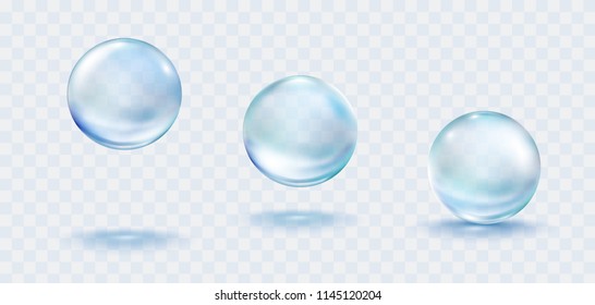 Water rain drops set isolated on transparent background. Realistic vector clear dews, blue pure droplets, water bubbles or glass balls template.