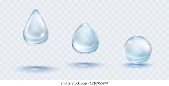 Water rain drops set isolated on transparent background.  Vector realistic pure droplets with blue clear water bubble or dew template.