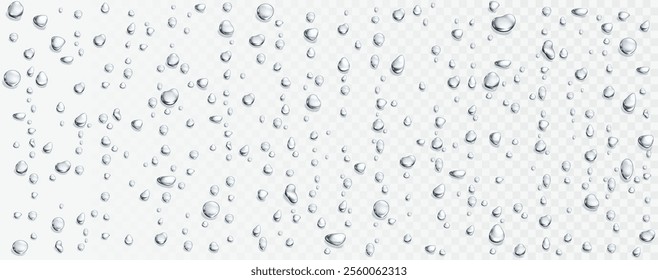 Water rain drops, shower steam condensation on glass. Realistic raining droplets