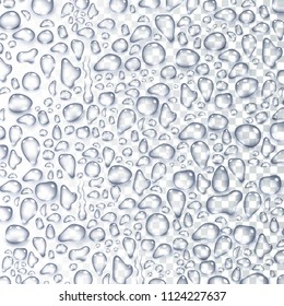 Water rain drops or steam shower isolated on transparent background. Realistic pure droplets condensed. Vector clear vapor water bubbles on window glass surface for your design.