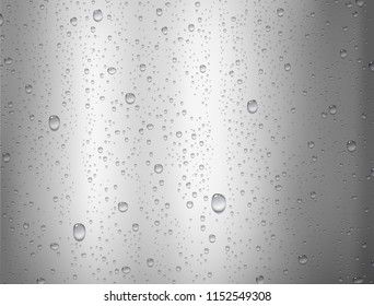 Gotas de lluvia de agua o ducha de vapor aislada en fondo de textura de lámina de plata. Planta de gradiente de acero brillante con gotas realistas condensadas. El vector limpia las burbujas de agua de vapor en la superficie de metal cromado.