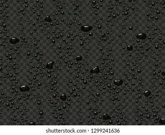 Water rain drops or steam shower isolated on dark transparent background. Realistic black droplets condensed on glass surface. Vector ink, paint splatter or oil bubbles template.