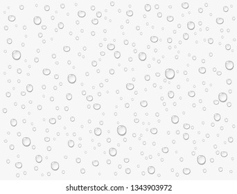 Water rain drops or steam shower isolated on white background. Realistic pure droplets condensed. Vector clear vapor bubbles on window glass surface for your design