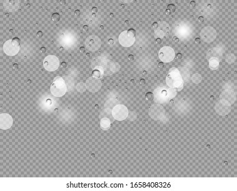 Water rain drops or steam shower isolated on transparent background. Realistic pure droplets condensed. Vector clear vapor water bubbles on window glass surface for your design.