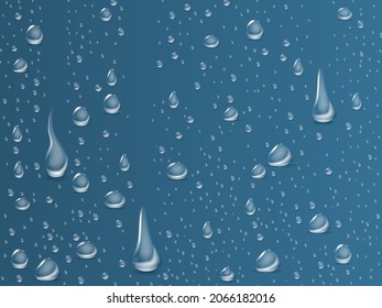 Las gotas de lluvia o la ducha de vapor aislada en un fondo blanco. Gotas puras realistas condensadas. La condensación de vapor de ducha gotea sobre vidrio transparente, la lluvia cae sobre la ventana.