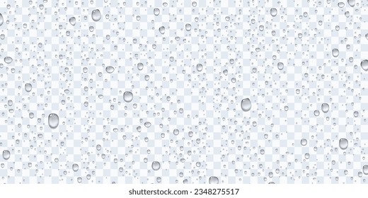 Water rain drops or steam shower isolated on transparent background. Realistic pure droplets condensed texture. Vector clear vapor bubbles on window glass surface