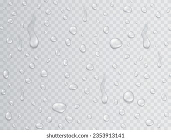 Gotas de lluvia o ducha de vapor aisladas en un fondo transparente. Gotas puras realistas de textura condensada. Burbujas de vapor claras del vector sobre la superficie de vidrio