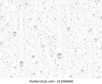 Water rain drops or steam shower isolated on white background. Realistic pure droplets condensed. Vector clear vapor bubbles on window glass surface for your design