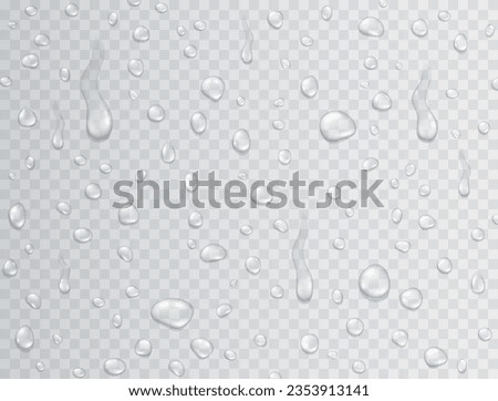Water rain drops or steam shower isolated on transparent background. Realistic pure droplets condensed texture. Vector clear vapor bubbles on glass surface