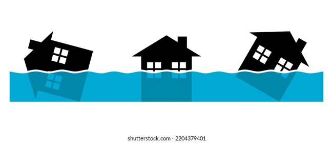 Water rain flooding damage city house flood water level rise flat vector icon design.