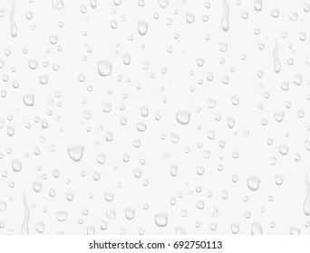 Water rain or shower drops isolated on white background. Realistic pure water droplets condensed. Vector clear vapor bubbles on window glass surface for your design.