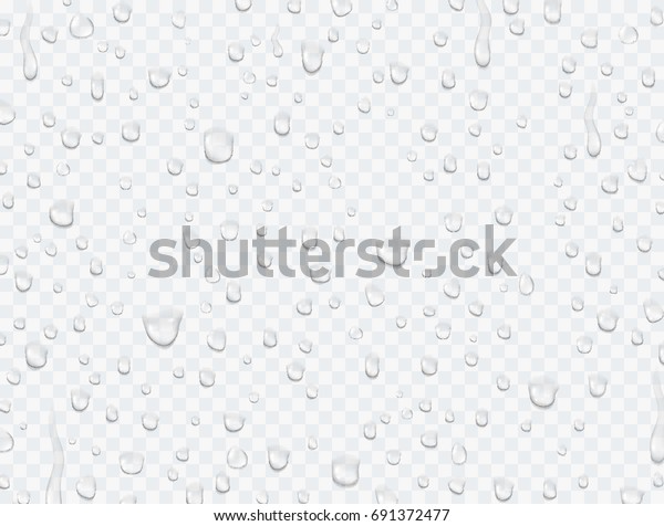 透明な背景に水雨 またはシャワー滴 リアルな純粋な水滴が凝縮 窓ガラスの表面にベクターの透明な蒸気泡が付き デザインに合わせて使用できます のベクター画像素材 ロイヤリティフリー 691372477