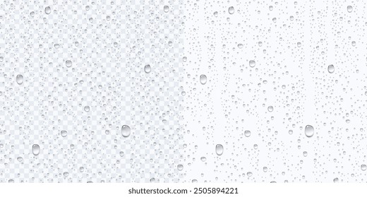 Lluvia de agua o gotas de ducha borde sin fisuras aislado sobre fondo transparente. Textura condensada de gotitas puras realistas. Burbujas de vapor claras de Vector en la superficie del vidrio de la ventana