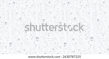 Water rain or shower drops seamless border isolated on white background. Realistic pure droplets condensed texture. Vector clear vapor bubbles on window glass surface