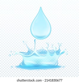 Water realistic splash. Drop falls and breaks, graphic elements for website. Icon on transparent background, social media. Liquid and state of aggregation of matter. Isometric vector illustration