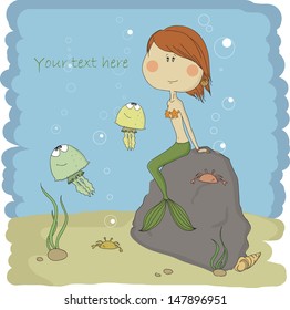 Water realm. Illustration of the little mermaid who is sitting on a stone. Eps 10