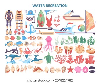 Water recreation activities set. Collection of summer holiday stuff. Diving suit and surfing board, beach sport equipment. Sea creaturies and plants, animals and seagrass. Flat vector illustration.