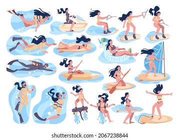 Water recreation activities set. Happy female character having summer holiday fun. Diving and surfing, water skiing and rowing, beach sport. Flat vector illustration.