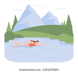 Water recreation. Character wild swimming in local reservoirs. Summer holidays in rural area by river or lake. Woman wearing a swimsuit. Flat vector illustration