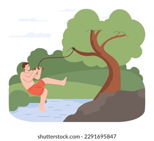 Water recreation. Character wild swimming in local reservoirs. Summer holidays in rural area by river or lake. Man jumping in a lake with a bungee tied to tree branch. Flat vector illustration