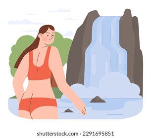 Water recreation. Character wild swimming in local reservoirs. Summer holidays in rural area by river or lake. Woman wearing a bikini swimsuit. Flat vector illustration