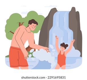 Water recreation. Characters wild swimming in local reservoirs. Summer holidays in rural area by river or lake. Man having fun with his daughter. Flat vector illustration