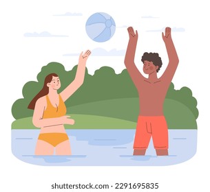 Water recreation. Characters wild swimming in local reservoirs. Summer holidays in rural area by river or lake. Woman and man playing ball in a pond. Flat vector illustration