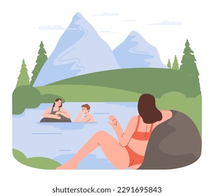 Water recreation. Characters wild swimming in local reservoirs. Summer holidays in rural area by river or lake. Flat vector illustration