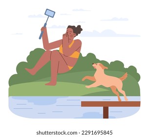 Water recreation. Characters wild swimming in local reservoirs. Summer holidays in rural area by river or lake. Woman cannonball jumping in water. Flat vector illustration