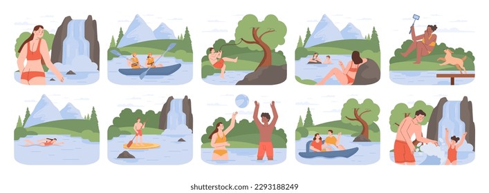 Water recreation set. Characters wild swimming in local reservoirs. Summer holidays in rural area by river or lake. People riding pedal boat, sup board and canoe. Flat vector illustration