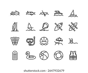 Water recreation, sport and other activities icon set with adjustable line weight for depicting various lake, sea, ocean, river, pool activities.