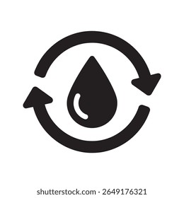 Water recycling icon with a central drop and circular arrows representing purification process resource conservation and environmental sustainability vector solid glyph icon