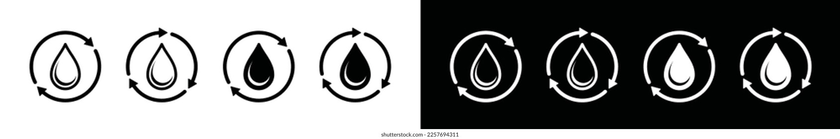 Water recycling icon set. Liquid or oil recycle icon. Water filtration icon. Water drops and circle arrow symbol for apps and websites. Water cycle sign, vector illustration