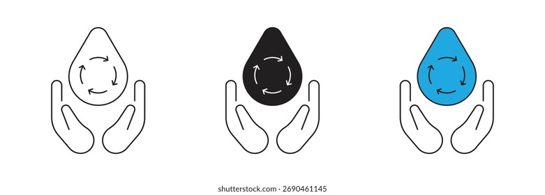 Conjunto de iconos de reciclaje de agua. Icono de Vector de una mano que sostiene agua reciclada.