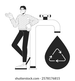 Water recycling system black and white 2D illustration concept. Eco-friendly plumbing. Asian man standing next to faucet tap and waterdrop outline character isolated. Metaphor monochrome vector art