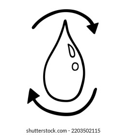 Icono del vector de reciclaje de agua. Caer líquido con flechas. Un simple doodle ecológico aislado en un fondo blanco. El ciclo del agua en la naturaleza. Borde negro, boceto. Clipart para logotipo, web, etiquetas biológicas, impresión
