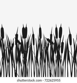 Water Reed Plant Cattails black silhouette. Seamless pattern. Vector illustration