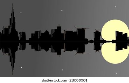 Water reflection silhouette background illustration of beautiful urban buildings at full moon
