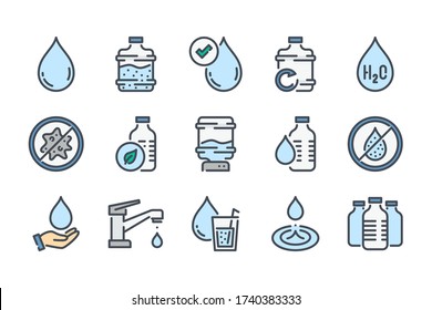 Water related color line icon set. Pure and Clear colorful linear icons. Antibacterial Eco Water flat color outline vector sign collection.