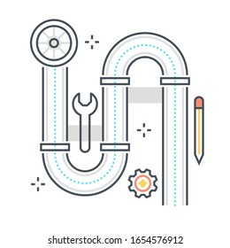 Water related color line vector icon, illustration. The icon is about pipe, system, fix, plumber, wrench, house. The composition is infinitely scalable.